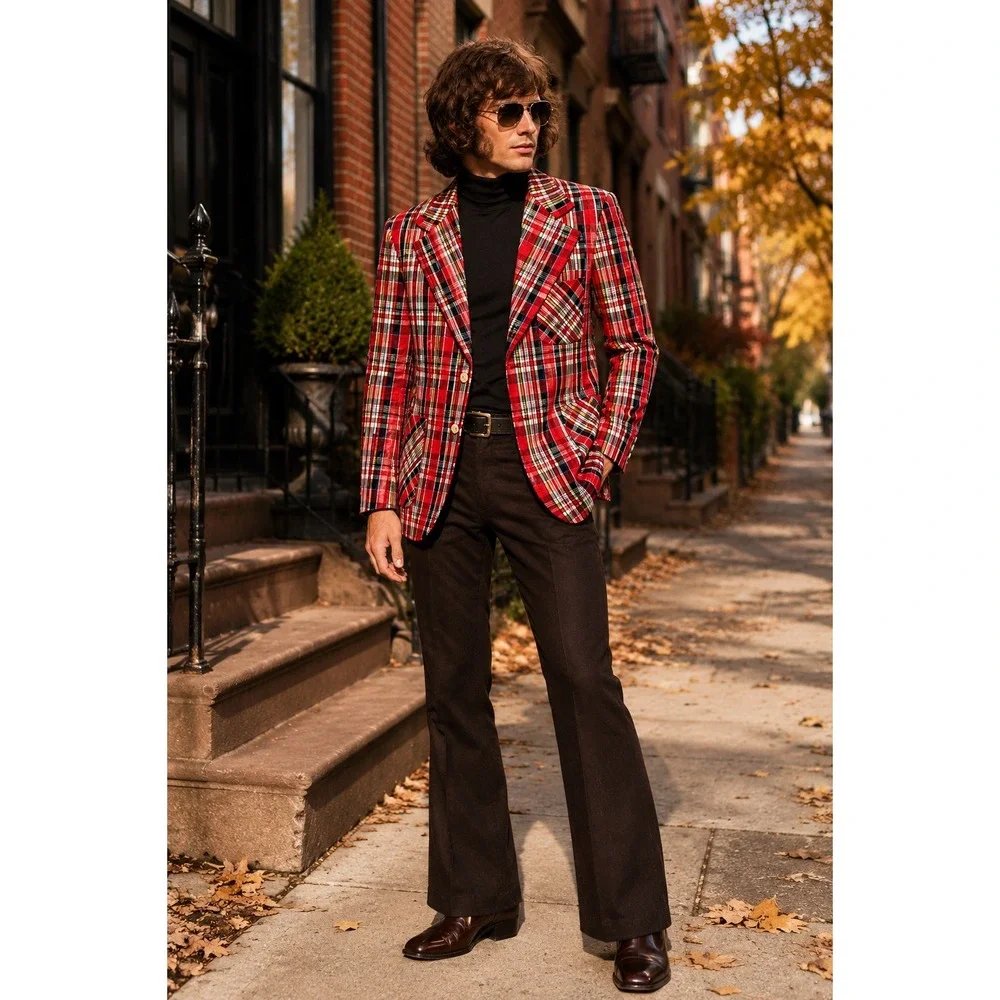 Vintage 70s Johnny Carson Red Tartan Plaid Sport Coat Blazer Mens 40R Mod